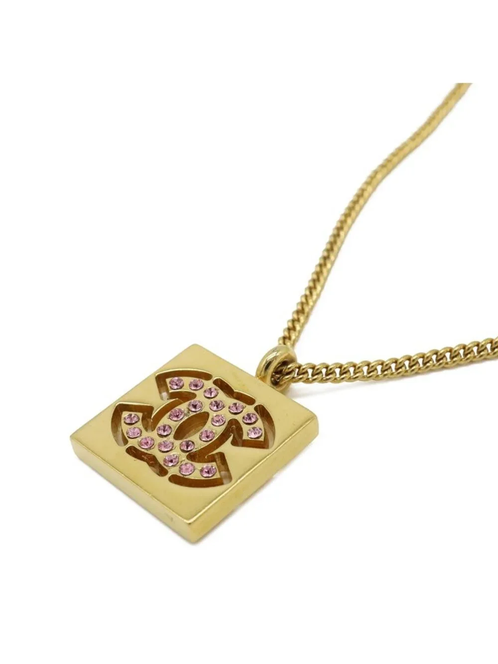 Chanel 01P Square CC Logo Pendant Rhinestone Gold Plated Pink Necklace